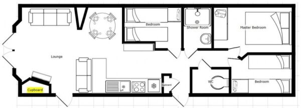 Plano casa Atlas - Summer Lodge - 10.97x3.66m - 3 habitaciones - SC9012