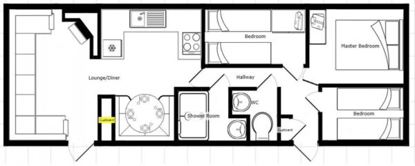Plano casa BK - Brookwood - 11.58x3.66m - 3 habitaciones - SC9015