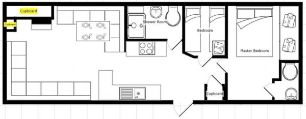 Plano casa ABI - Vista - 10.97x3.66m - 2 habitaciones - SC9029