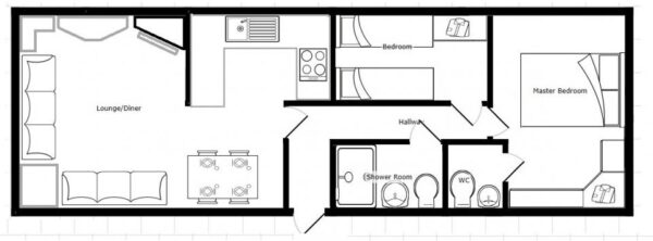 Plano casa ABI - Focus - 10.97x3.66m - 2 habitaciones - SC9053